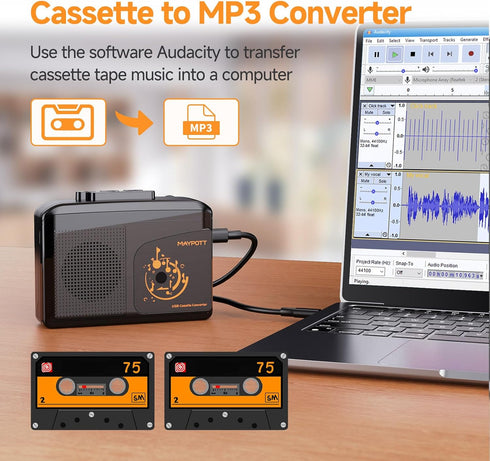 Portable Walkman Cassette Player Converter, Cassette to Digital Converter via USB, Compatible with PC/Laptops, Built-in Speaker&Headphone, Full Stereo Sound,Convert Walkman Tape to MP3/iPod Format