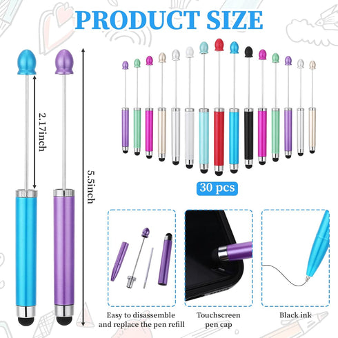Heeshbou 30 2-In-1 1.0mm Pcs Beadable Pens Bulk Beadable Stylus Pen for Touchscreen Plastic Bead Pens Kit Handwriting