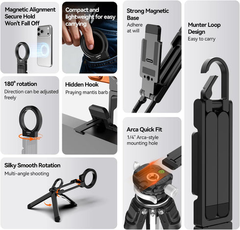 COMAN DP58 Magnetic Phone Tripod, Aluminum MagSafe Tripod Stand with Carabiner, Mini Portable Travel Pocket Tripods