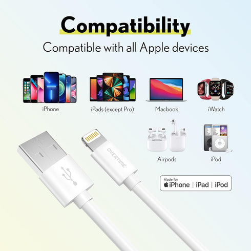 Overtime MFI Certified iPhone Lightning Cable, Portable Smart Charging USB A to Lightning Cord, 6ft (Pack of 2)
