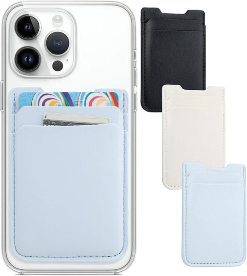 Phone Wallet Stick on, 3 Pack Card Holder for Phone Case, Leather Credit Card Sticky Wallet (Baby Blue, White, Black)