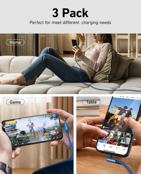 90 Degree iPhone Charger 6FT 2Pack, Apple MFi Certified Lightning Cable, Long Nylon Right Angle Fast Charging