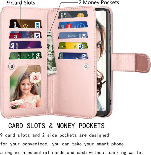 Njjex Wallet Case for Samsung Galaxy A21, 2020, Rose Gold, PU Leather with 9 Card Slots, Detachable Kickstand & Lanyard