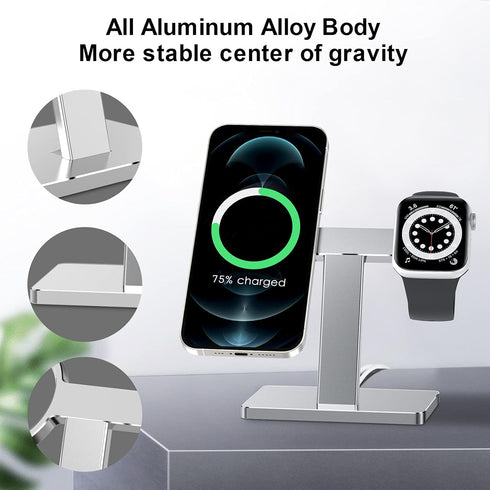 EWA 2 in 1 Magsafe Charger Stand, Aluminum Alloy,Cell Phone Stand Holder, Compatible with iphone15/pro/pro Max, iPhone 14/13/12/ Pro Max and Apple Watch 8/7/ 6/5/4-Silver (Chargers Not Included)