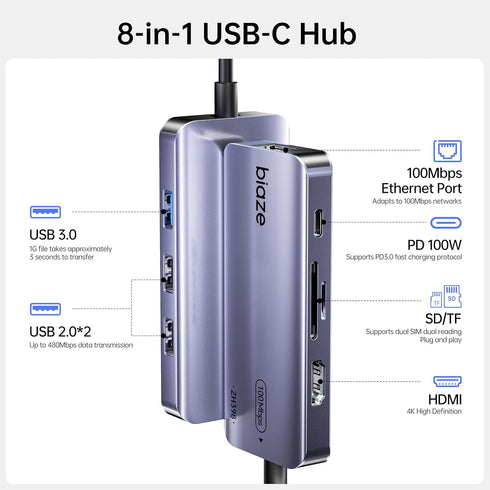 biaze 8-in-1 4K60Hz 100W 3.0, 2.0 2, 100M 7 USB C Hub Adapter for MacBook, HDMI, PD Charging, USB USB * SD/TF Card