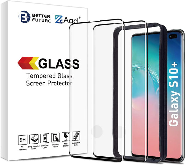 AACL Glass Screen Protector for Samsung Galaxy S10 Plus, 6.4-Inch, 2 Pack, Curved Tempered Glass, Black, Fingerprint