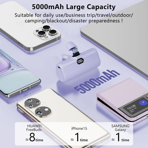 Small USB C Portable Charger, 5000mAh Mini Power Bank with Built-in Phone Stand and LED Light, Compatible with iPhone15