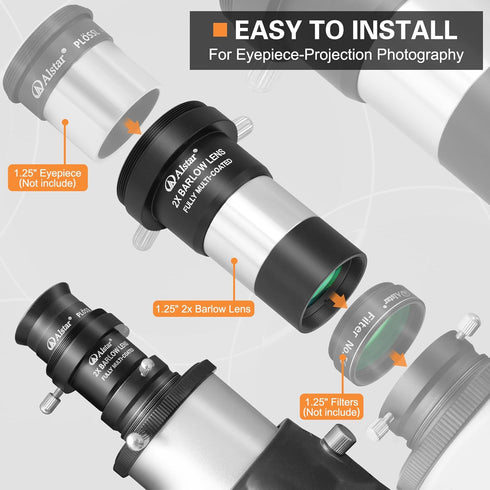 Alstar 1.25" 2X Barlow Lens, MultiCoated Metal with M42x0.75 Thread Camera Interface for Telescopes