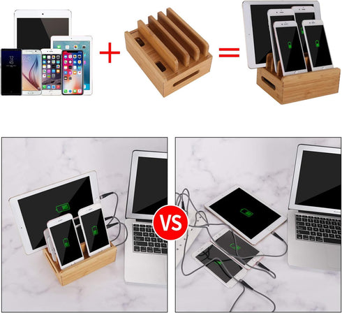 Bamboo Wood Multi-Device Desktop Dock Station Charger Holder Compatible for iPhone 13 12 11 Pro Max XS XR X 8 7 Plus.