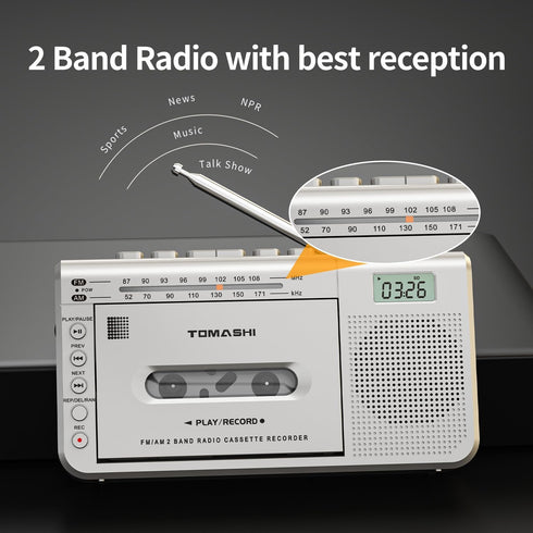 TOMASHI Cassette 3.5mm Portable Player with AM/FM Radio, Headphone Jack, Built-in Microphone