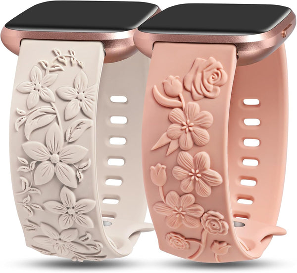 TOYOUTHS 2 Pack Compatible with Fitbit Versa 2/Versa Lite Bands, Floral Engraved Soft Silicone Dressy Replacement Strap