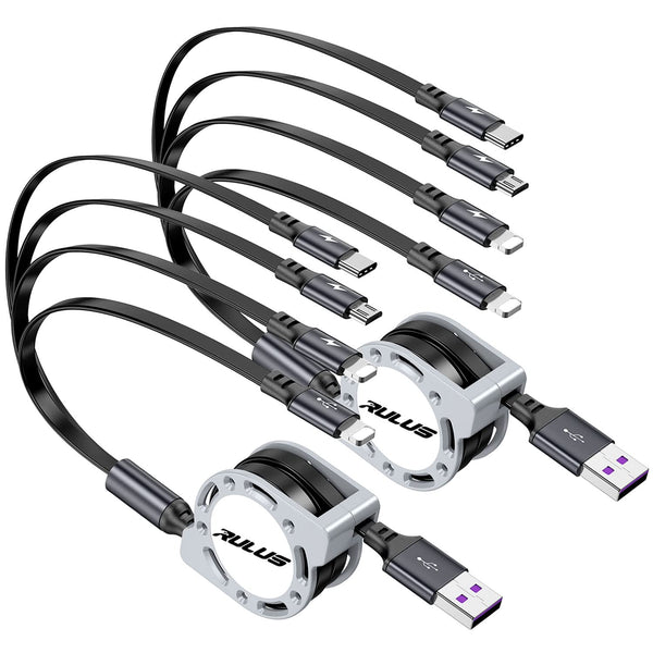 Multi Charging Cable 2Pack 4Ft - Retractable 4 in 1 Fast Charger for Cell Phones, Tablets, IP, Samsung Galaxy & More.