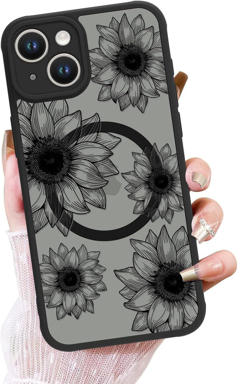 OOK Phone Case for iPhone 13, Black Frosted Shockproof Cover with Cute Sunflower Floral Blooms Design, Compatible with