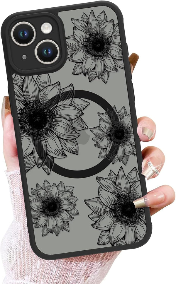 OOK Phone Case for iPhone 13, Black Frosted Shockproof Cover with Cute Sunflower Floral Blooms Design, Compatible with