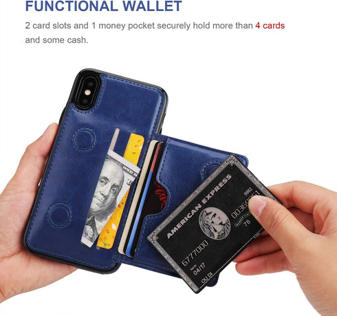 KIHUWEY Wallet Case for iPhone Xs/X, Premium Leather Kickstand Protective Cover (Blue)