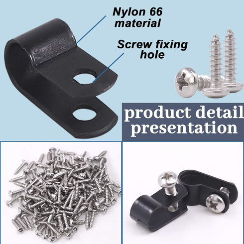 Glarks 120Pcs 1/4 Inch Black Nylon Screw Mounting R-Type Cable Clip - Wire Clamp with 120Pcs Screws