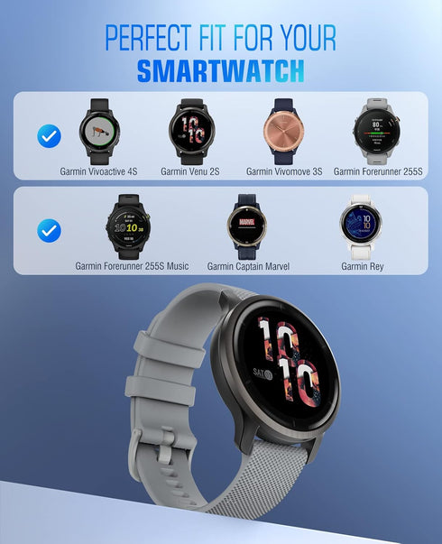 MoKo 18MM Watch Band Compatible with Garmin Forerunner 255S/255S Music/Vivoactive 4S/Vivomove 3S/Venu 3S/Venu 2S/Active S/Move 3S Smartwatch, Soft Silicone Adjustable Replacement Strap, Gray