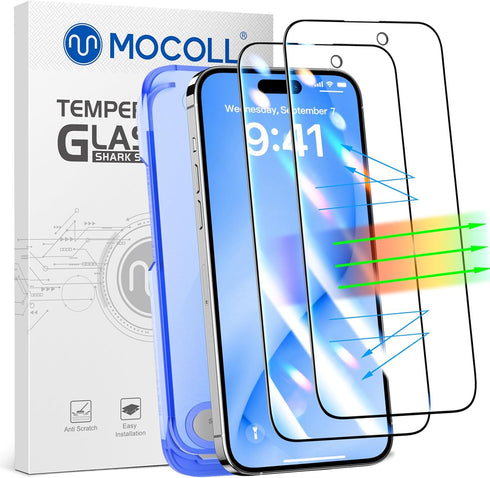 iPhone 14 Pro Auto Alignment Kit - 6.1" Full Coverage Blue Light Screen Protector, Anti-Glare Tempered Glass, Case