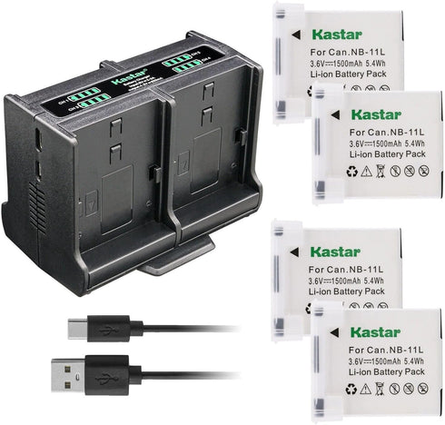 Kastar 4-Pack NB-11L Battery - Quadruple Charger Compatible with Canon IXY 110F, PowerShot A2300, A2400 Cameras