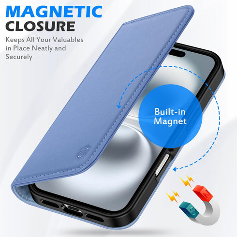 SHIELDON 16 6.1", 16 5G 2024 Wallet Case for iPhone Genuine Leather Folio Magnetic Kickstand RFID Blocking Credit Card
