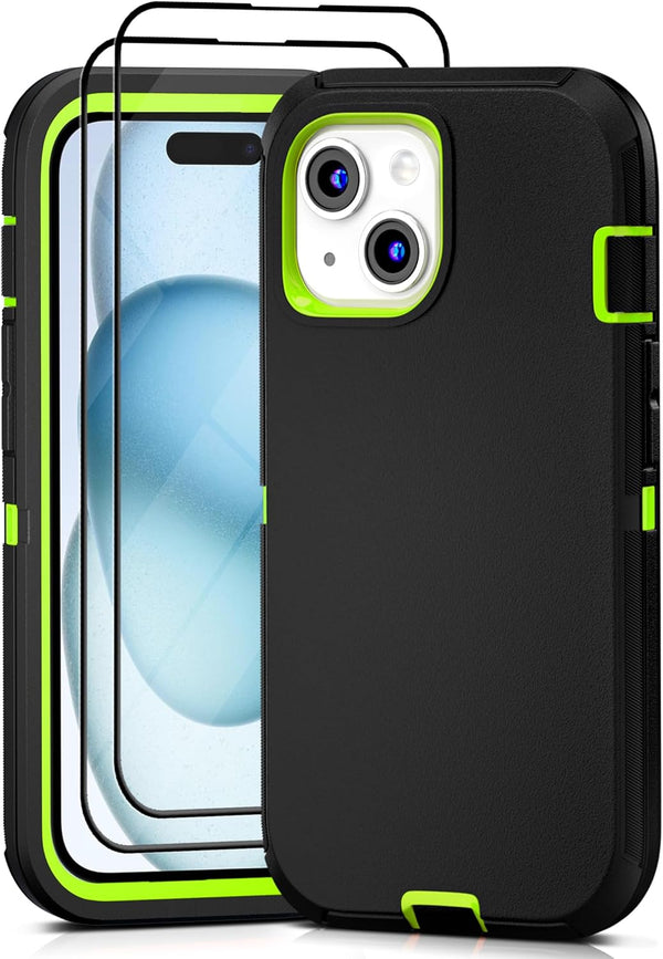 iPhone 15 Heavy Duty Case with 2 Pack Screen Protector - Rugged Military Grade Drop Protection (Black/Green)
