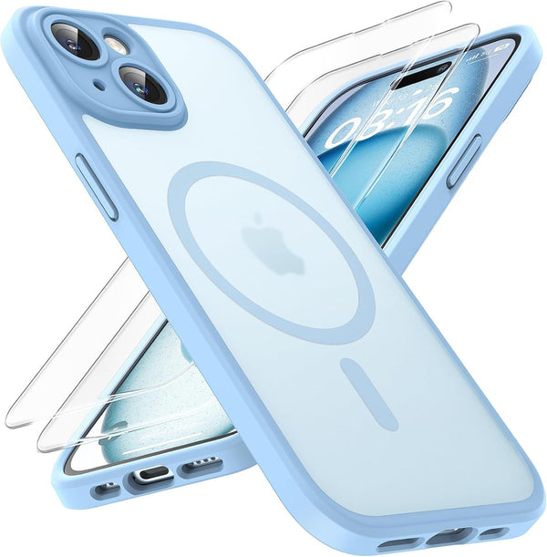 TOCOL 3 in 1 Magnetic Case for iPhone 15 - Full Camera Protection, 15FT Military Grade Protection, Light Blue