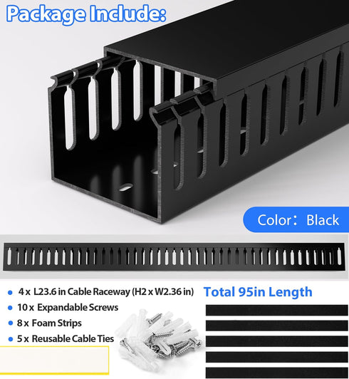 ZhiYo H2in W2.4in 95in (4X L23.6in) x Professional Server Rack Cable Management Raceway, Cable Raceway Kit