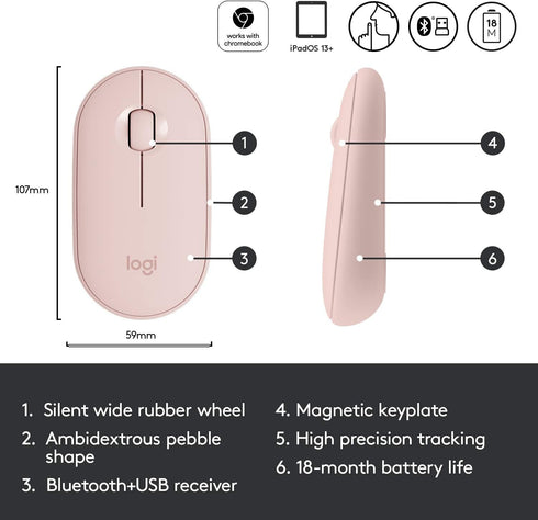 Logitech Pebble Wireless Mouse, Bluetooth or 2.4 GHz Receiver, Silent Slim Computer Mouse with Quiet Clicks for
