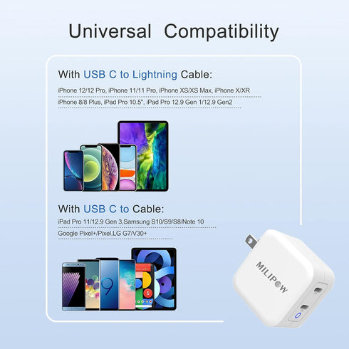 Milipow 40W Dual Ports PD3.0 USB-C Compact Charger Adapter for Smartphones, iPad Pro, Air, Google Pixel, AirPods