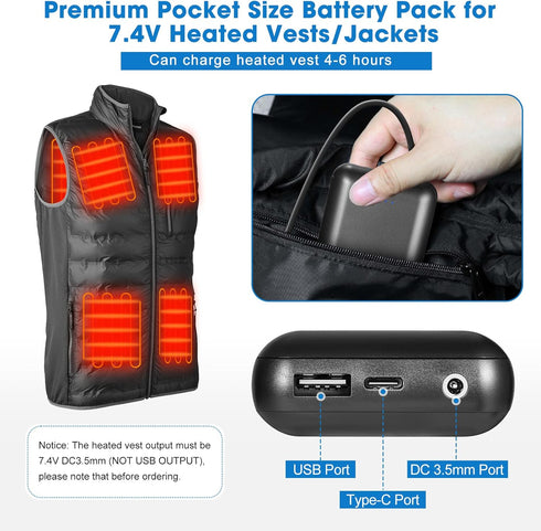 rapthor 5V 10000mAh 2A / 7.4V 5500mAh 3A Battery Pack for Heated Vest/Jackets/Hoodies, Portable Dual Outputs