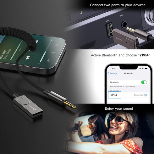 Bluetooth 5.3 to Aux Adapter for Car, USB to 3.5mm Bluetooth Receiver for Hands-Free Call and Music