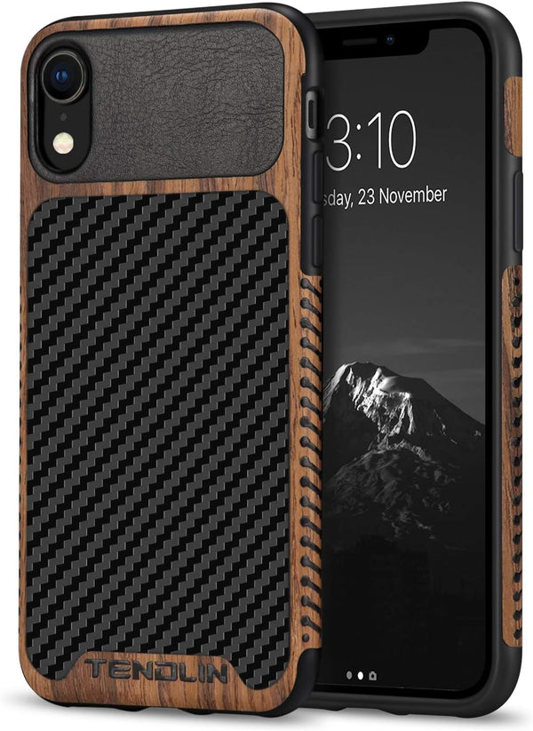 TENDLIN Compatible iPhone XR Case, Wood Grain with Carbon Fiber Texture Design, Black Leather Hybrid Slim Case