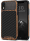 TENDLIN Compatible iPhone XR Case, Wood Grain with Carbon Fiber Texture Design, Black Leather Hybrid Slim Case