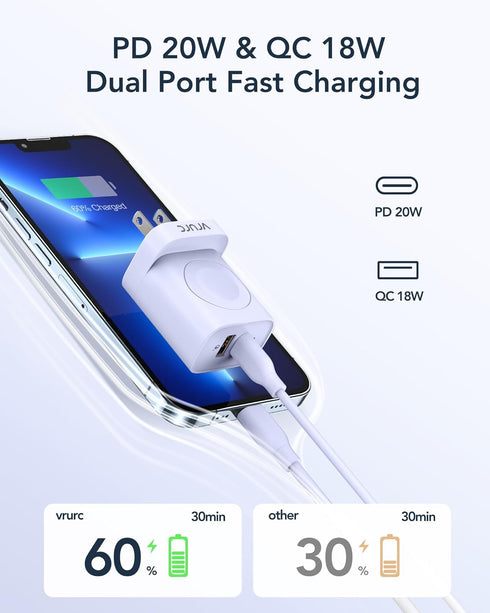 VRURC 20W PD 3-in-1 Charger for Apple Watch, Magnetic Wireless Charging and Dual Ports, Portable USB C Wall Block,