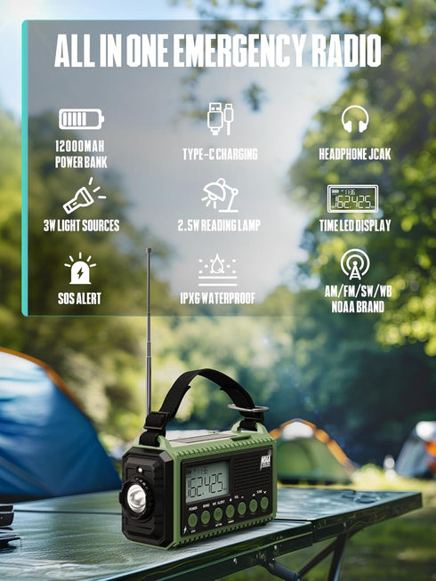 Emergency Radio - Portable Hand Crank NOAA Weather Radio, 44400mWh Battery, Solar AM/FM/SW Alert Radio