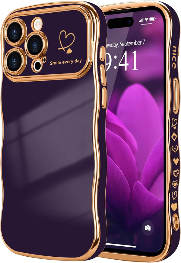LCHULLE iPhone 14 Pro Max Case for Women, Cute Wave Frame Curly Shape with Love Heart Raised Camera Protection, Dark