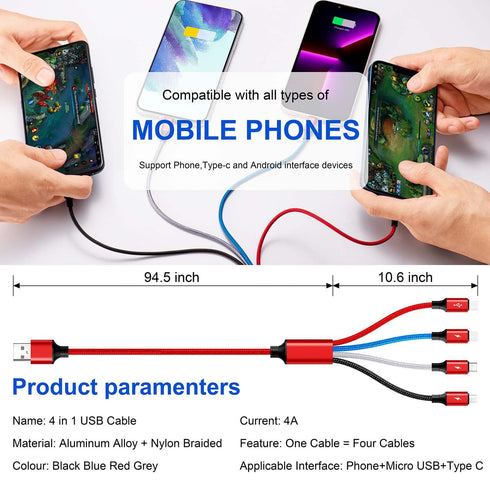 10Ft 2Pack Multi Charging Cable - Braided 4 in 1 USB Adapter for Cell Phones/Tablets, Compatible with IP/Type C/Micro