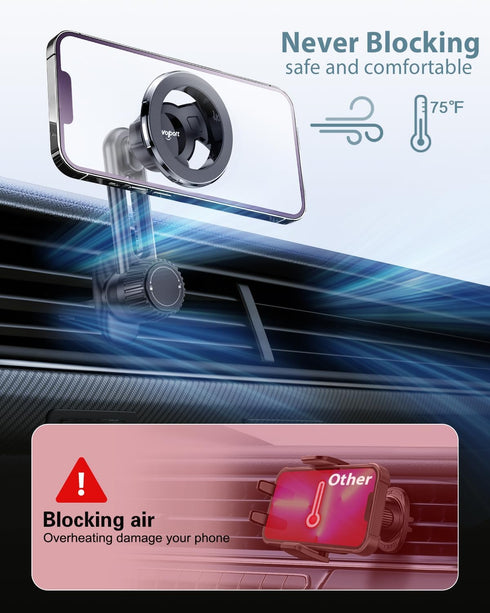 volport Magnetic Phone Holder for Car Vent, Non Blocking Car Phone Holder for iPhone MagSafe, Strong Magnet Mount