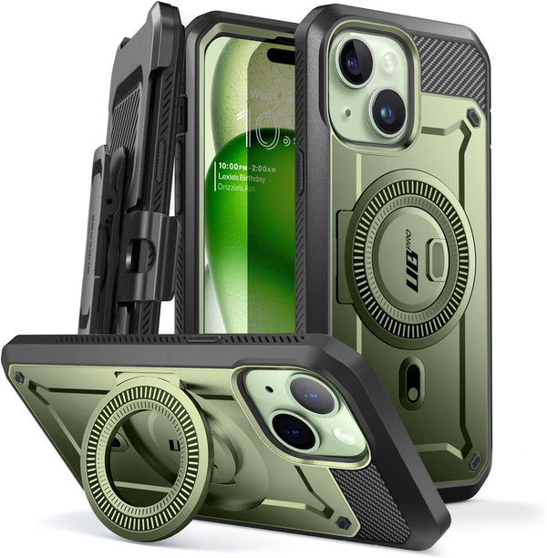 SUPCASE for iPhone 15 Case with Stand, Built-in Screen Protector & Belt Clip, Military-Grade Magnetic Phone Case