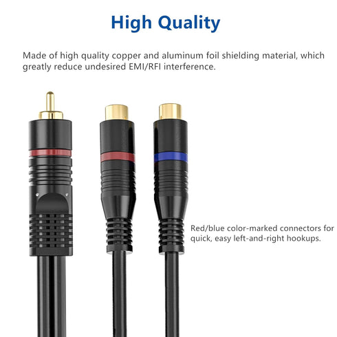 RCA Splitter, 2 Pack RCA Male to Dual RCA Female Y Splitter Cable, 8 Inches Gold Plated Audio Cord for Subwoofer Speaker