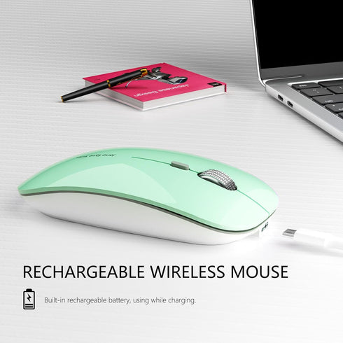 Uciefy Q5 Slim Rechargeable Wireless Mouse, 2.4G Portable Optical Silent Ultra Thin Wireless Computer Mouse with USB Receiver and Type C Adapter, Compatible with PC, Laptop, Desktop (Mint Green)