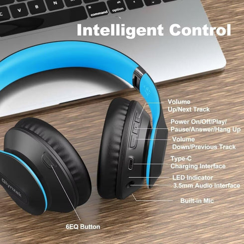 Wireless Bluetooth Headphones Over Ear, 65H Playtime HiFi Stereo Headset with Microphone, Foldable for Travel, Blue