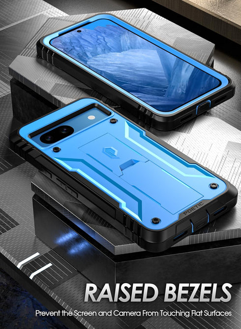 Poetic Revolution Case for Google Pixel 8A 5G, Blue, Full Body Rugged, 20FT Drop Tested, Kickstand, Built-in Screen