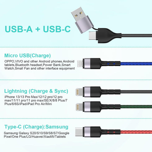 6 in 1 Multi Universal 1.8M/6Ft Phone Charging Cable USB A/Type C to Lightning*2+Type C+Micro USB Nylon Braided Sync Charger Cord Adapter for Android/iPhone/iOS/Samsung/Huawei-Uber Signs for Car