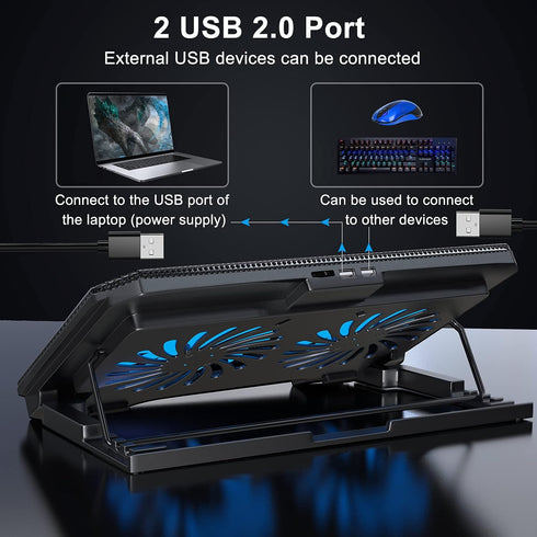 Laptop Cooling Pad with Adjustable Height, Two 5.1 Inches Fan, 2 USB Ports Suitable for 12"-15.6" Laptops (Black)