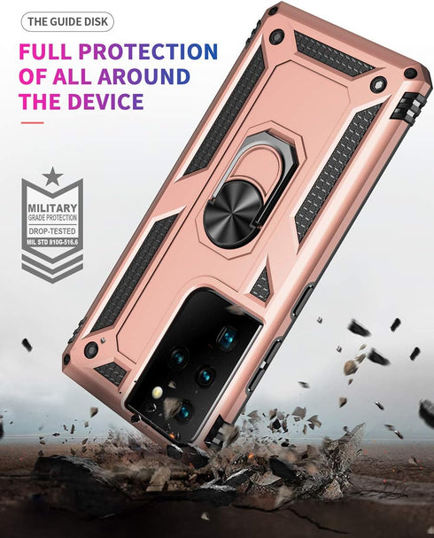 Military Grade Drop Impact Case for Samsung Galaxy S21 Ultra, Metal Rotating Ring Kickstand Holder, Heavy Duty