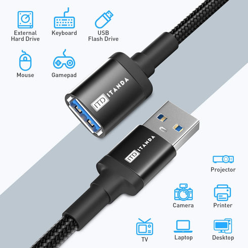 ITD ITANDA 10FT USB 3.0 Extension Cable, Type A Male to Female, 5Gbps for Keyboard, Mouse, Xbox, Printer, Camera (Black)