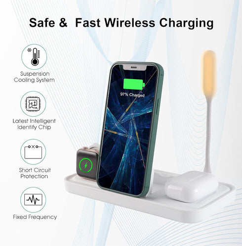 Lamp with Wireless Charger, 4 in 1 Wireless Charging Station Compatible with iPhone/Samsung/Other Qi-Enabled Phones, and AirPods 2/Pro, Wireless Charger Stand for iWatch 2/3/4/5/6/SE(White)
