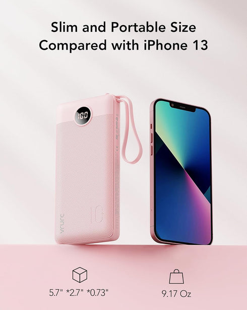 VRURC Portable Charger 10000mAh Slim LED Display Power Bank with 5 Output 2 Input, Built-in Cables, Pink
