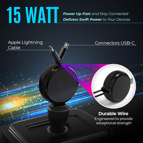 2-in-1 Retractable Car Charger for iPhone and Android, Modern Car Charger with Retractable Cord 15W Fast Charging